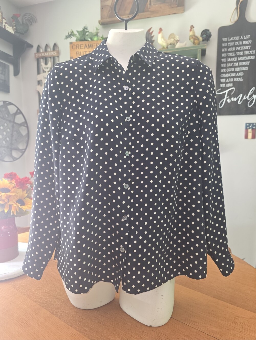 NWT Navy Blue & White Polka Dot L/S Blouse J. JILL Size Small Petite